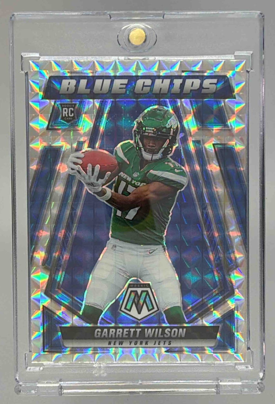 Card image for 2022 Panini Football Mosaic Garrett Wilson Blue Chips #BC-7 RC New York Jets