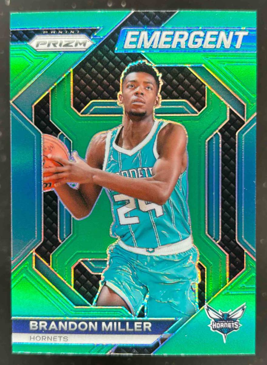 Card image for 2023-24 Panini Prizm Brandon Miller Emergent Prizms Green #17 RC Rookie