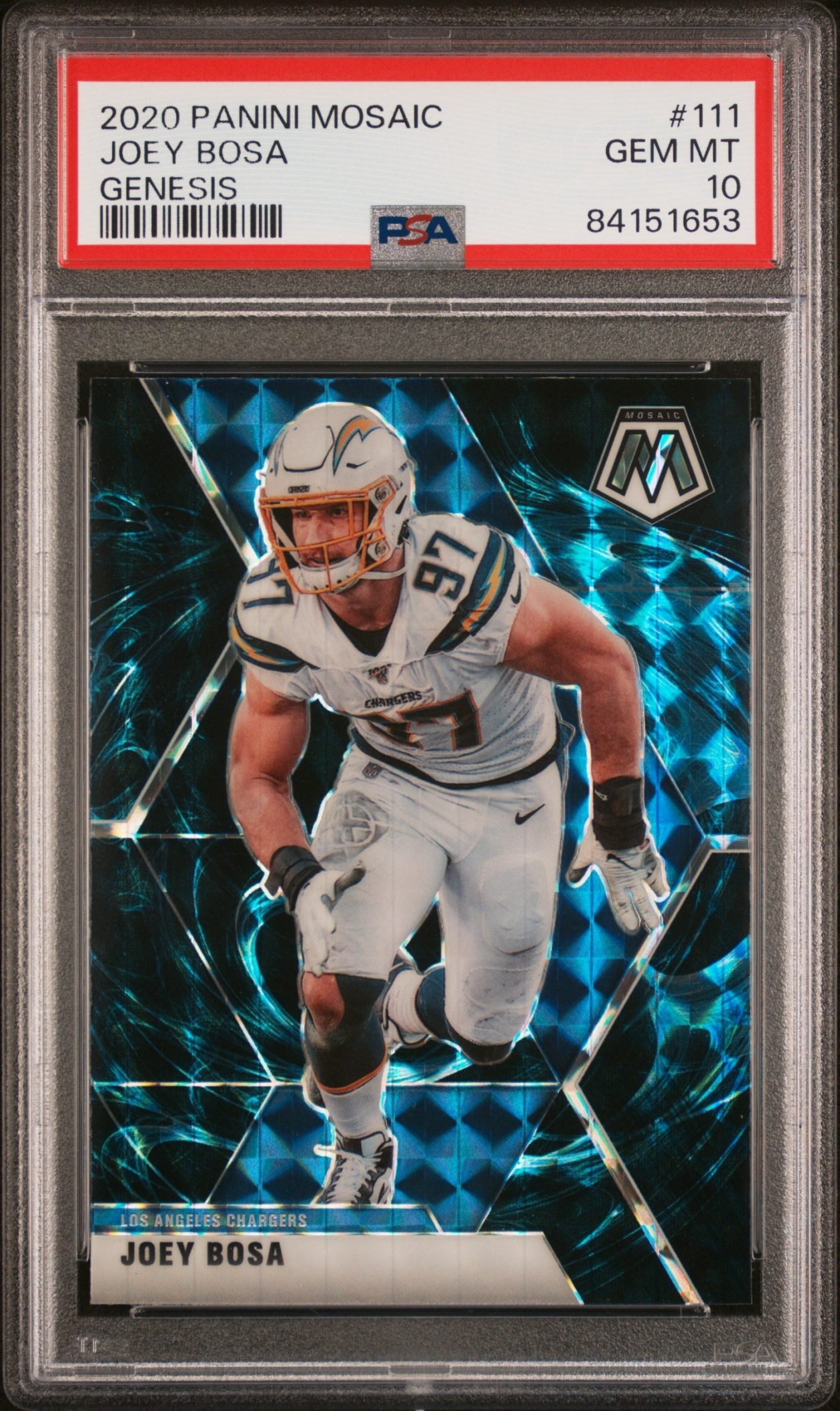 Card image for 2020 Panini Football Mosaic Joey Bosa Prizm Genesis #111 Los Angeles Chargers PSA 10