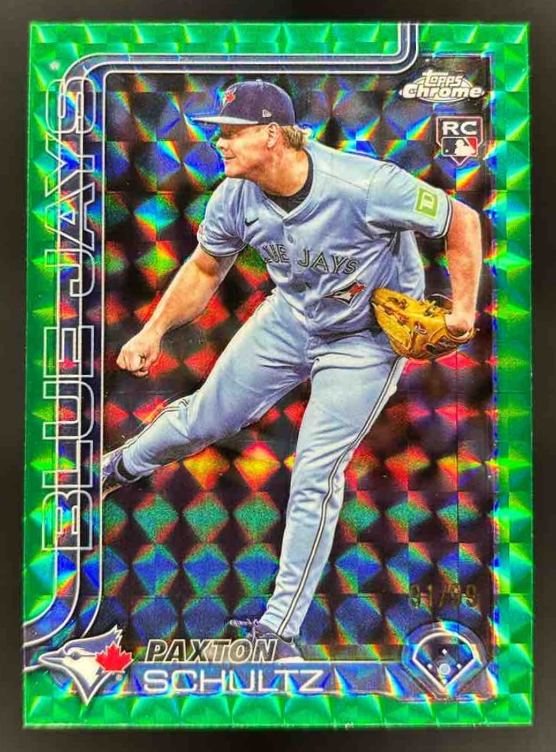 Card image for 2025 Topps Chrome Update Paxton Schultz Green Geometric Refractor /99 RC