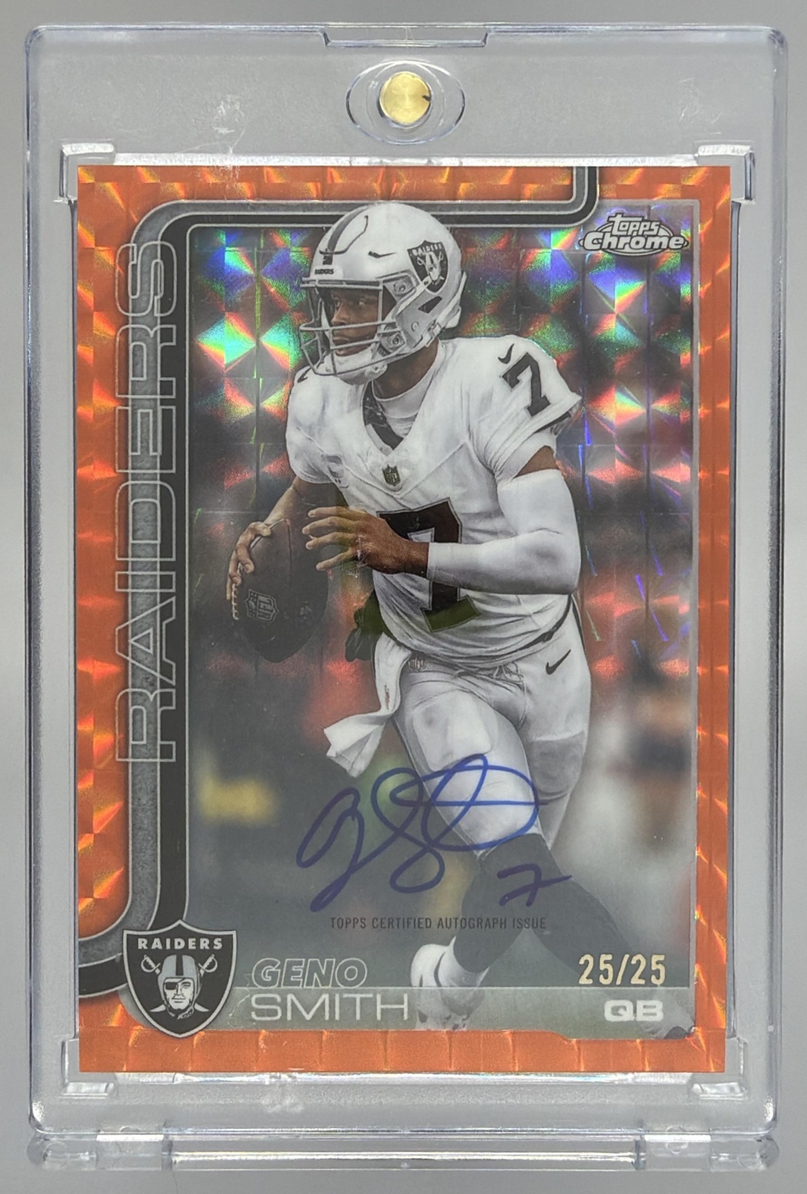 Card image for 2025 Topps Chrome Geno Smith Auto Orange Geometric Refractor /25 #BA-GS Raiders