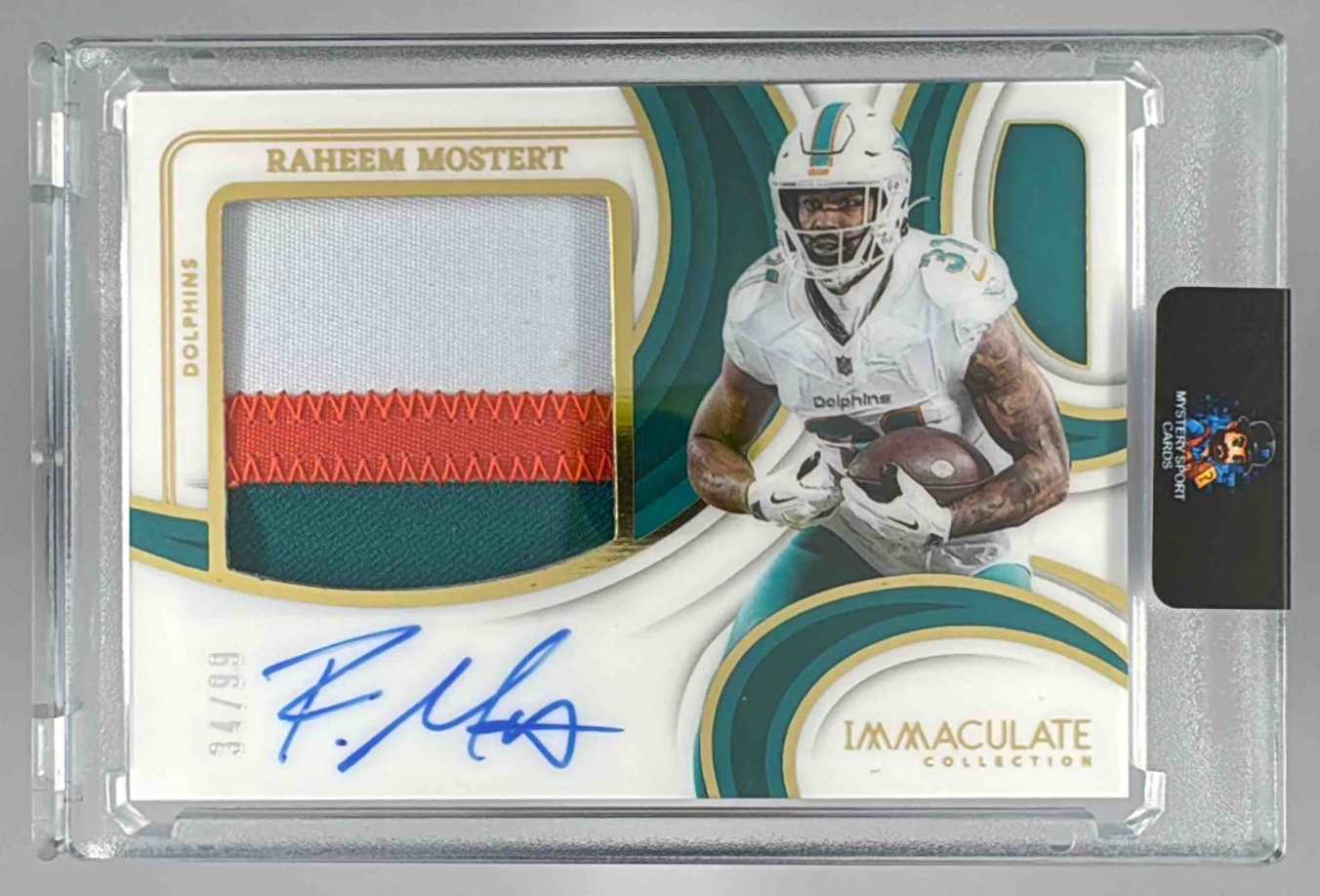 Card image for 2025 Panini National Treasures Raheem Mostert 2024 Immaculate Collection Football Premium Patch Auto #1 Dolphins