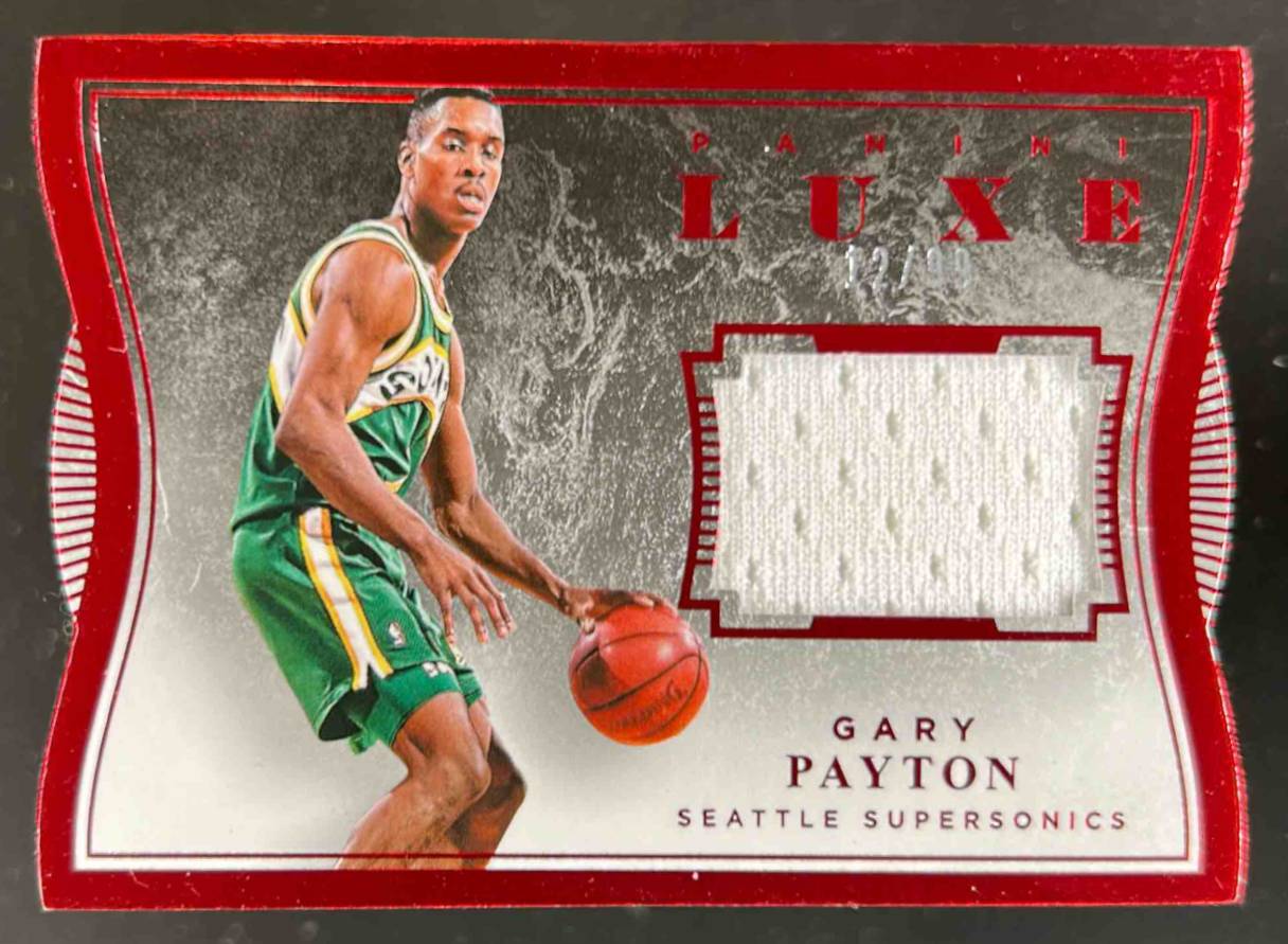 Card image for 2015-16 PANINI LUXE GARY PAYTON MEMORABILIA DIE CUTS RED /99 #91