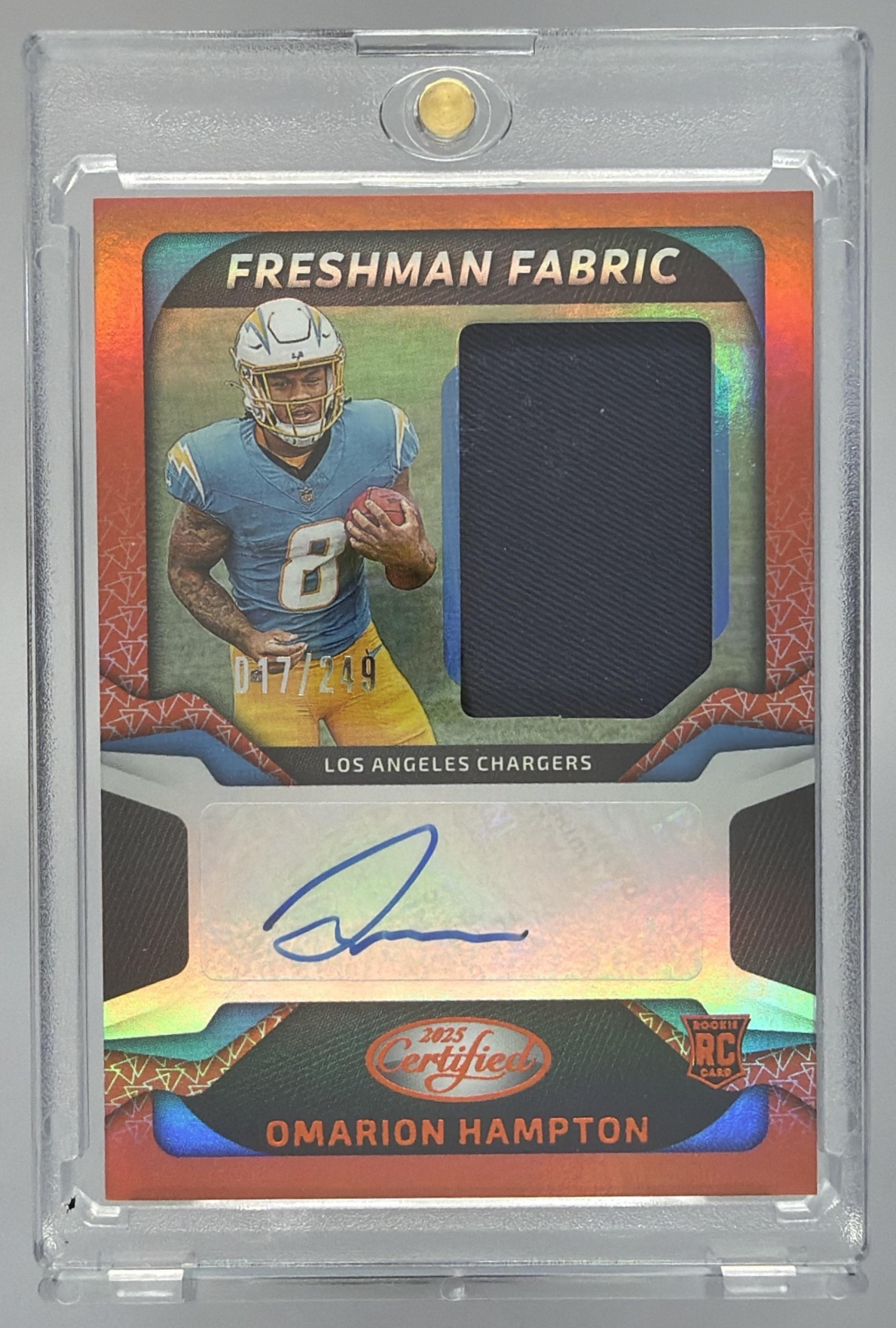 Card image for 2025 Panini Certified Omarion Hampton Freshman Fabric Mirror Signatures Orange /249 #FBC-OHN MEM RC Auto Chargers