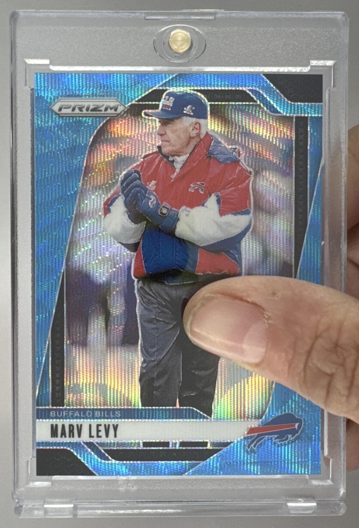 Card image for 2024 Panini Football Prizm Marv Levy Blue Wave /230 #34 Buffalo Bills