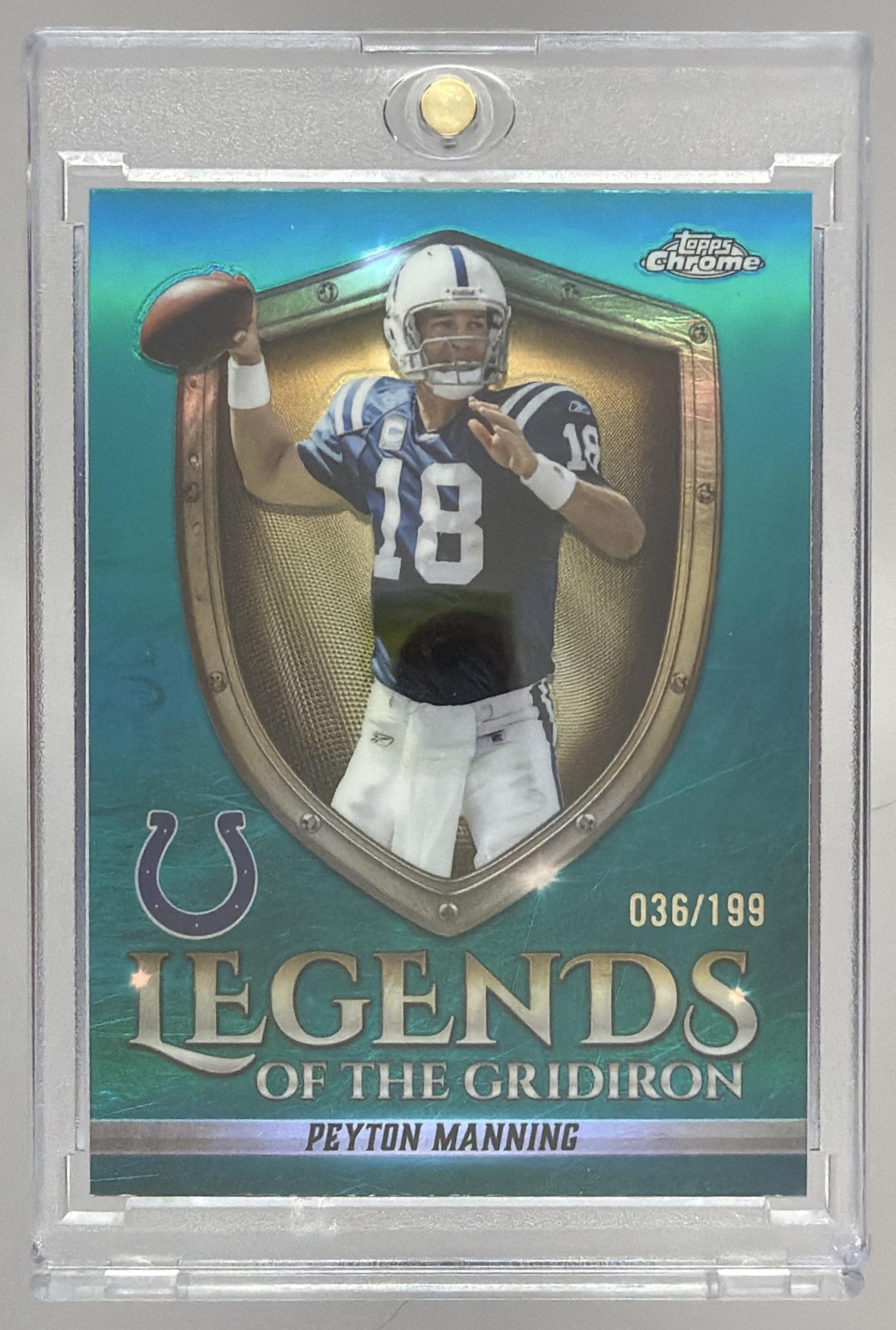 Card image for 2025 Topps Chrome Peyton Manning Legends of the Gridiron Aqua Refractor /199 #LOG-10 Colts
