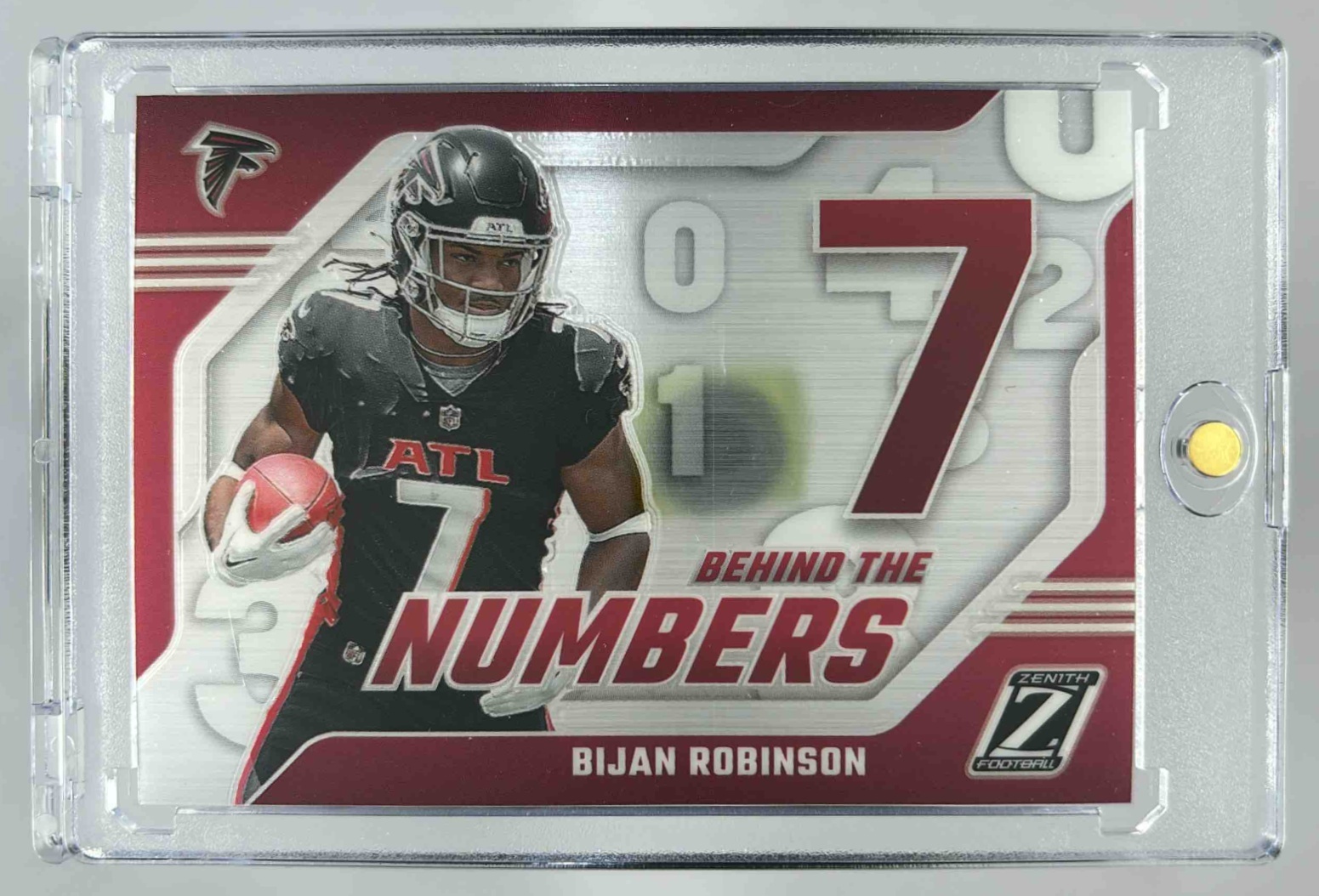 Card image for 2023 Panini Zenith Bijan Robinson Behind the Numbers #3 RC Falcons