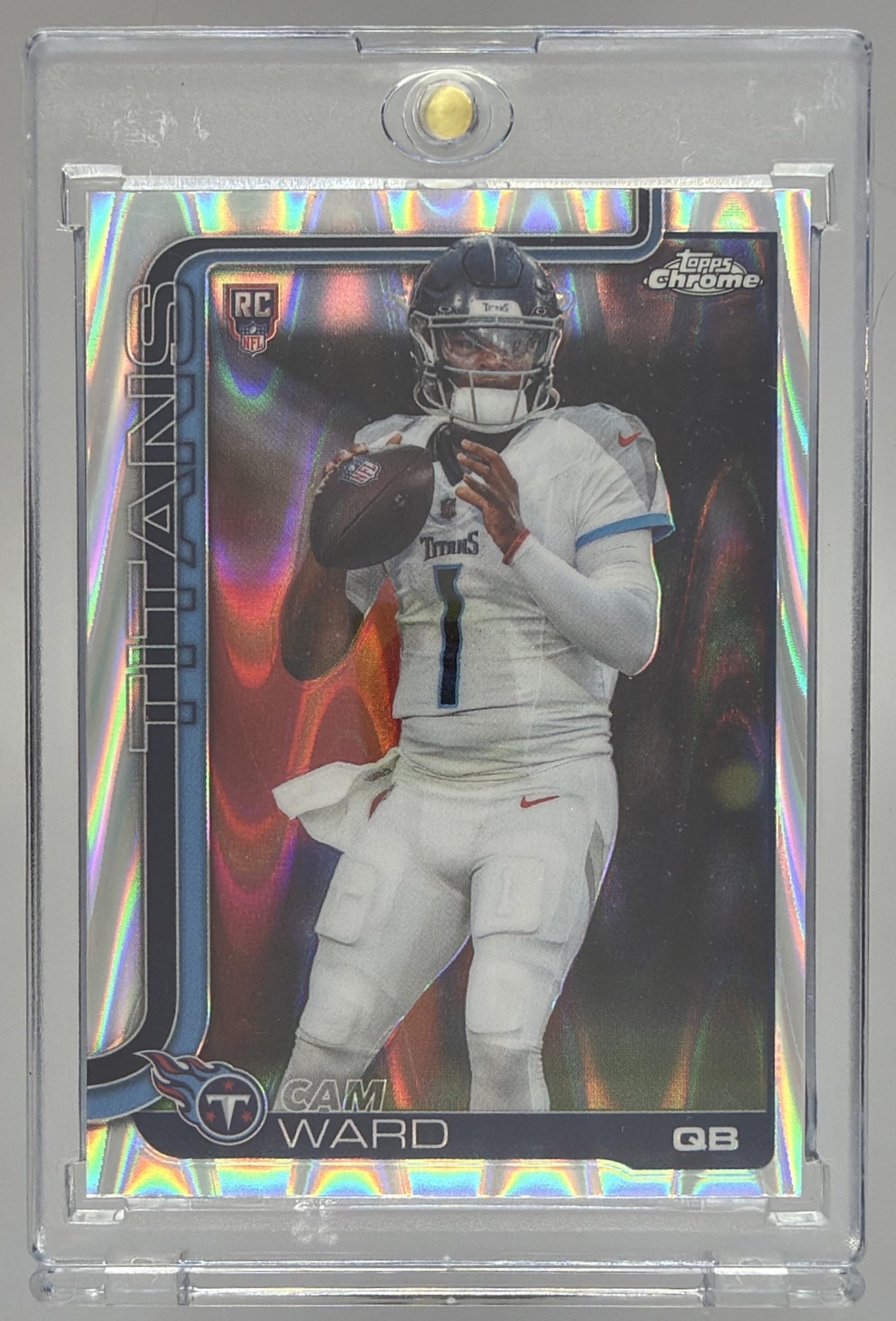 Card image for 2025 Topps Football Chrome Cam Ward Rookie Refractor #314 RC Tennessee Titans