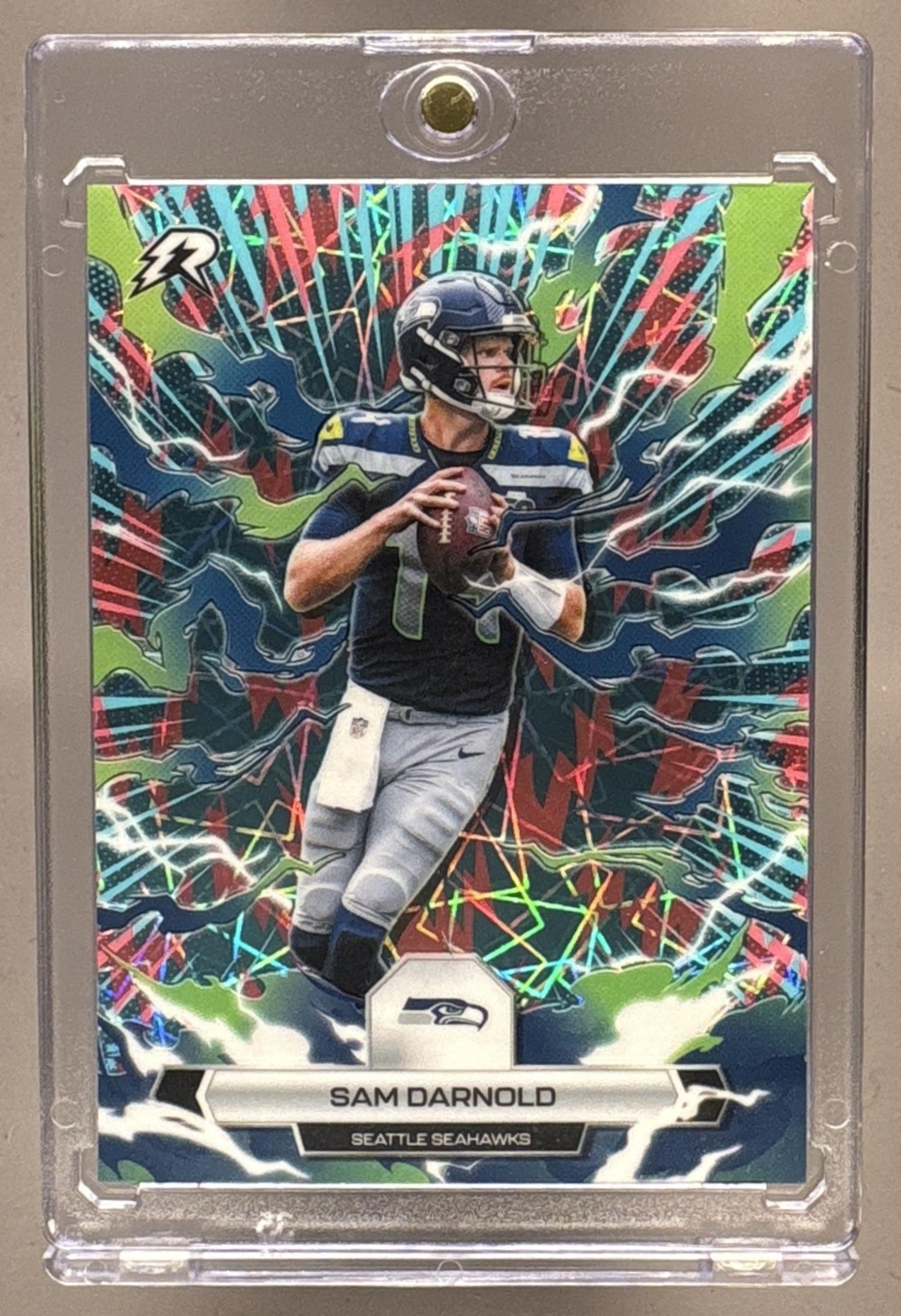 2025 TOPPS RESURGENCE SAM DARNOLD #90 SKY BLUE AND PINK SHOCK REFRACTOR SEAHAWKS