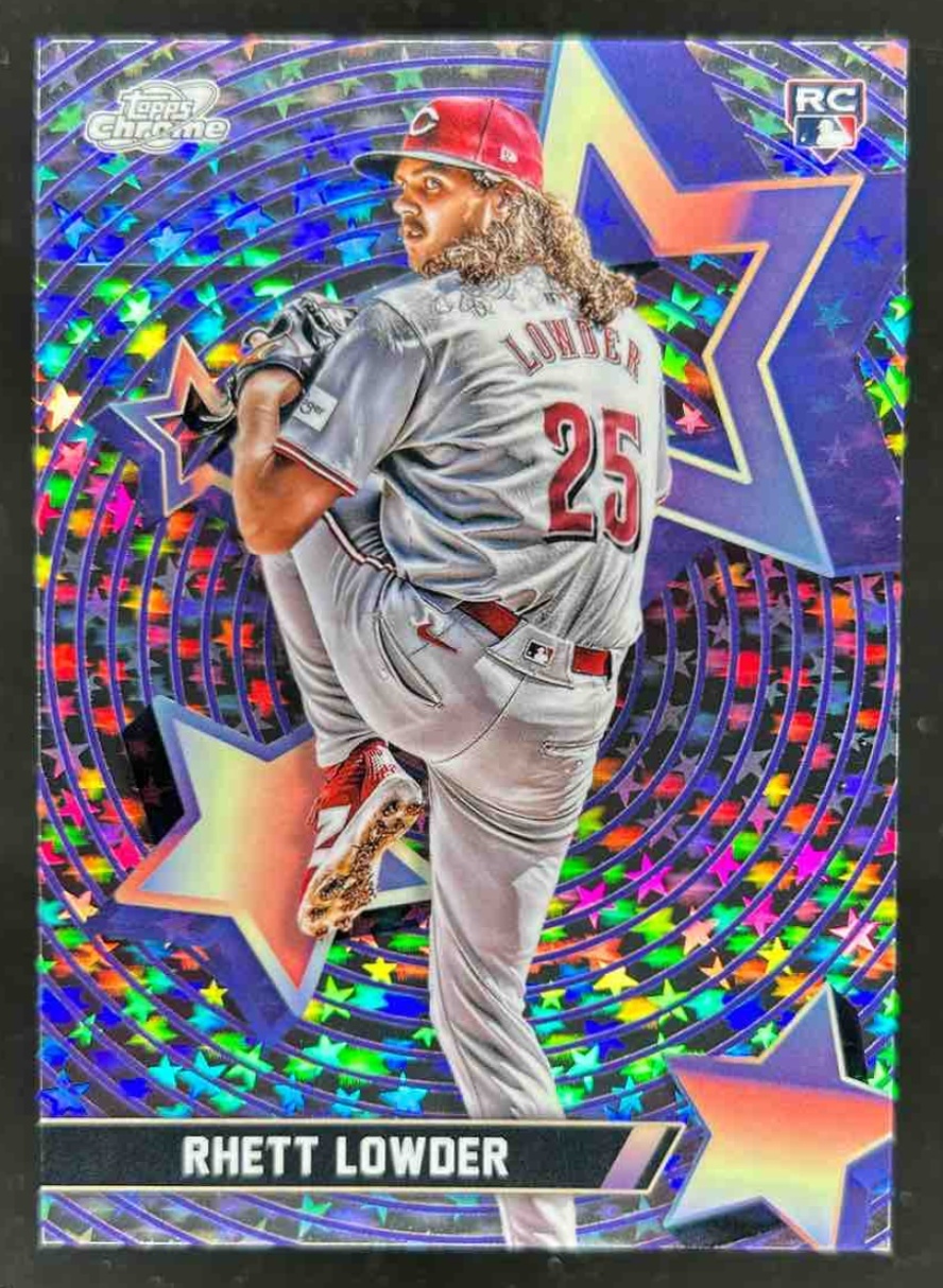 Card image for Rhett Lowder 2025 Topps Baseball Cosmic Chrome Starfractor RC Cincinnati Reds