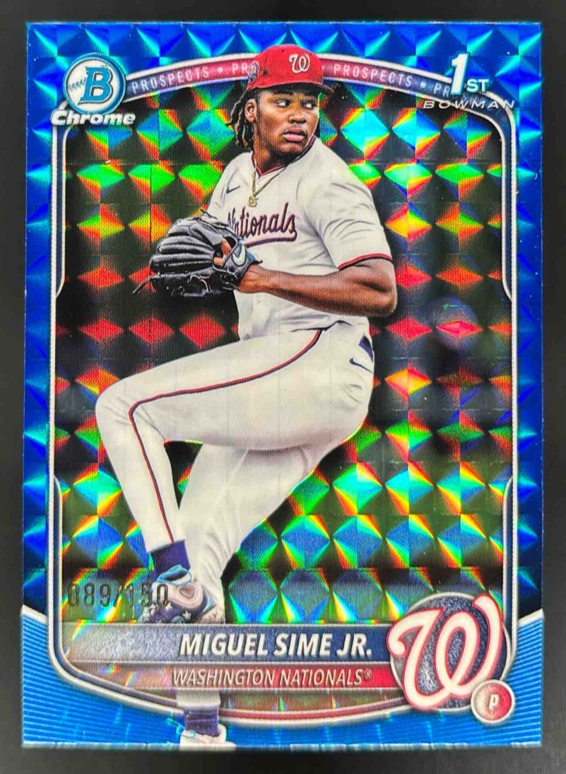 Card image for 2025 Bowman Draft Miguel Sime Jr. Chrome Blue Geometric Refractor /150 1st