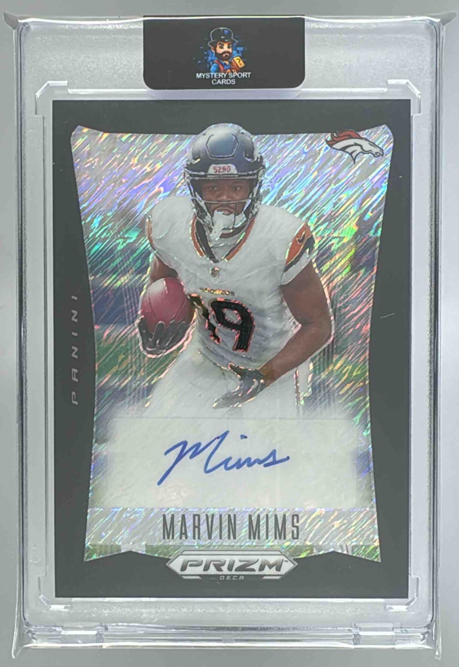 Card image for 2024 Panini Prizm Deca Marvin Mims Signatures Black Shimmer FOTL 1/1 #S-MMS Auto Broncos