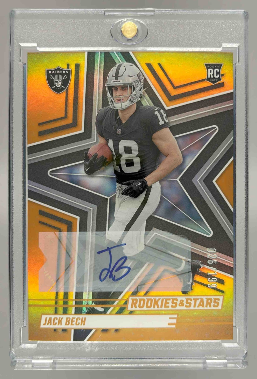 Card image for 2025 Panini Rookies & Stars Jack Bech Signatures Orange /199 #128 RC Auto Raiders