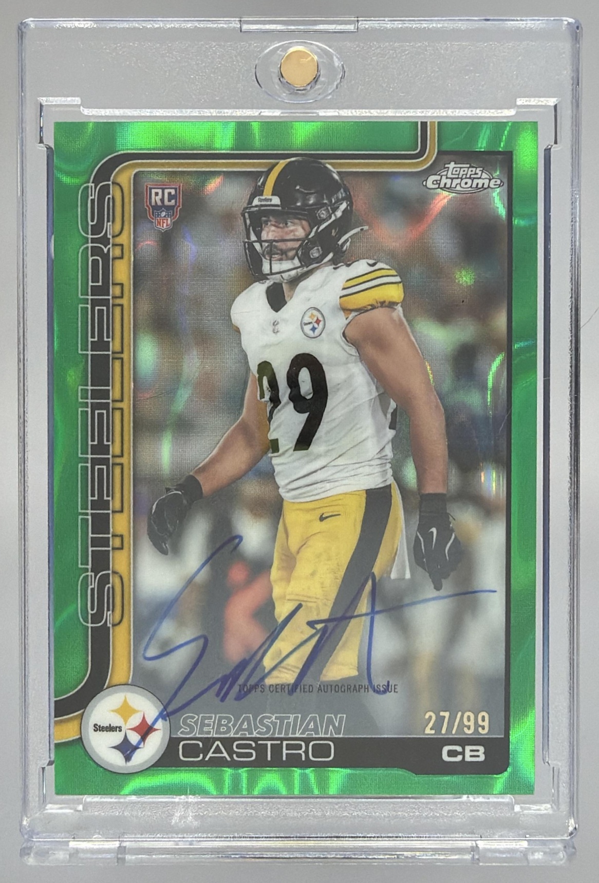 Card image for 2025 Topps Chrome Sebastian Castro Rookie Auto Green Lava Refractor /99 #RA-SC RC Steelers