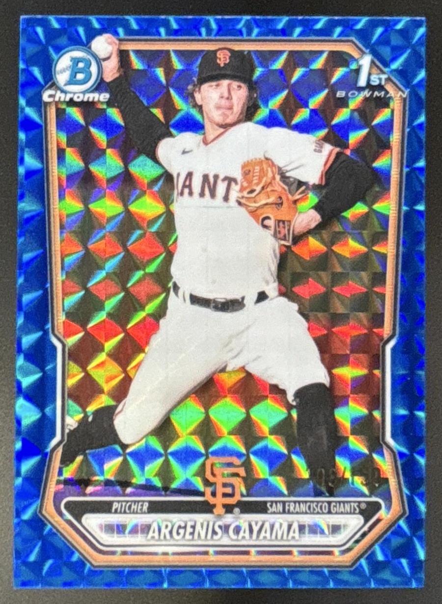Card image for 2026 Bowman Argenis Cayama Chrome Blue Geometric Refractor /150 1st Prospect