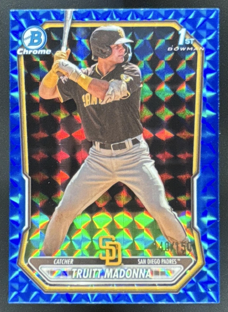 Card image for 2026 Bowman Truitt Madonna Chrome Blue Geometric Refractor /150 1st Prospect