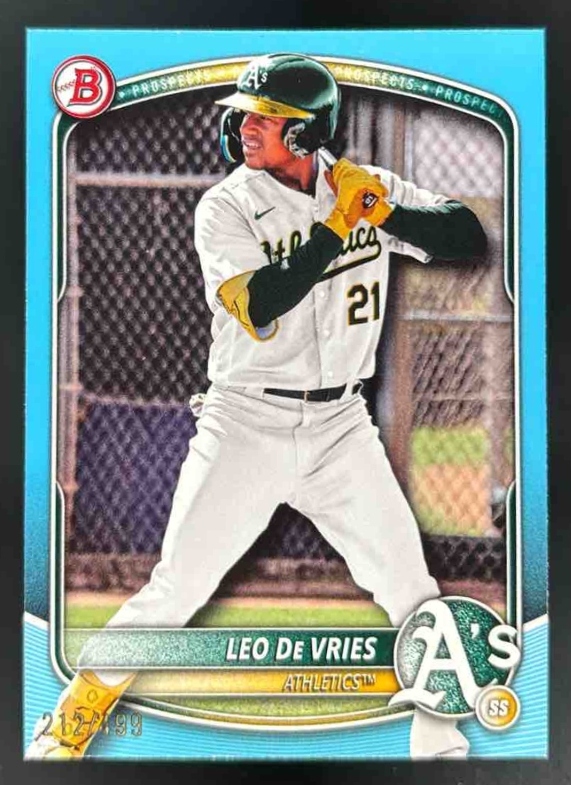 Card image for 2025 Bowman Draft Leo De Vries Sky Blue Border /499 #BD-87 Athletics
