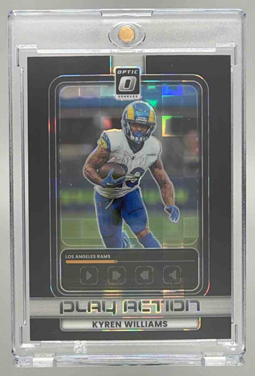 Card image for 2025 Panini Donruss Optic Kyren Williams Play Action Black Pandora Prizm /149 #6 Rams