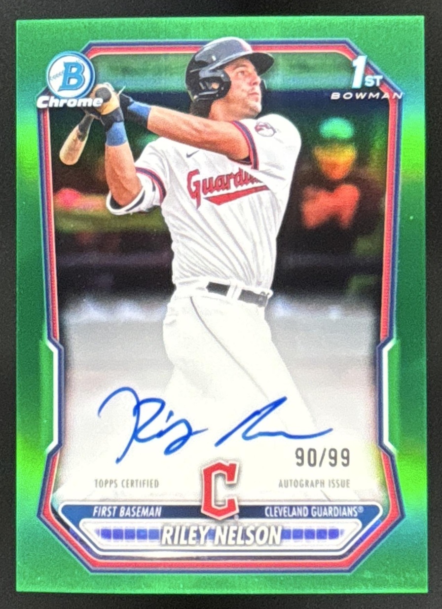 Card image for 2026 Bowman Riley Nelson Chrome Auto Green Refractor /99 1st Prospect