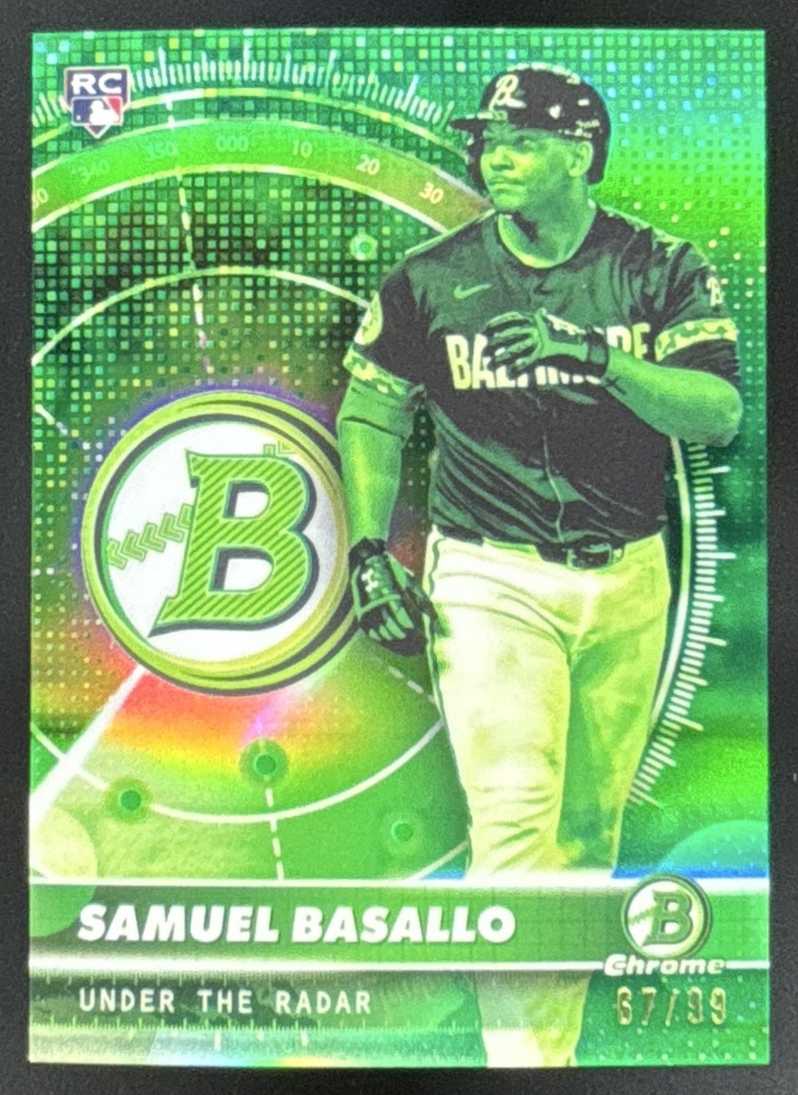Card image for 2026 Bowman Samuel Basallo Under the Radar Chrome Green Refractor Rookie /99 RC