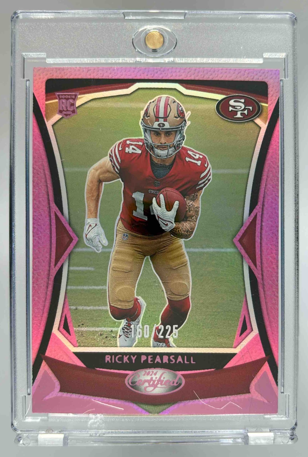 Card image for 2024 Panini Certified Ricky Pearsall Rookies Pink Mirror /225 #122 RC 49ers
