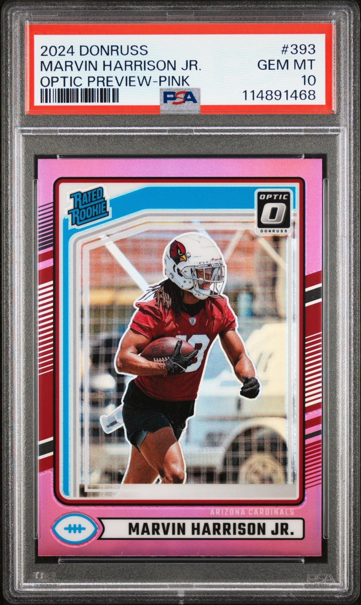 Card image for 2024 Panini Donruss Marvin Harrison Jr. Optic Rated Rookie Preview Red and Green #393 Cardinals