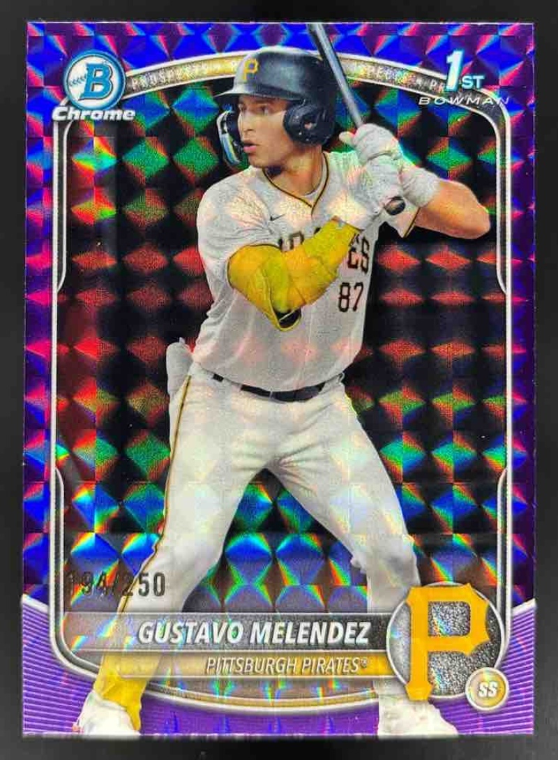 Card image for 2025 Bowman Draft Gustavo Melendez Chrome Purple Geometric Refractor /250 1st