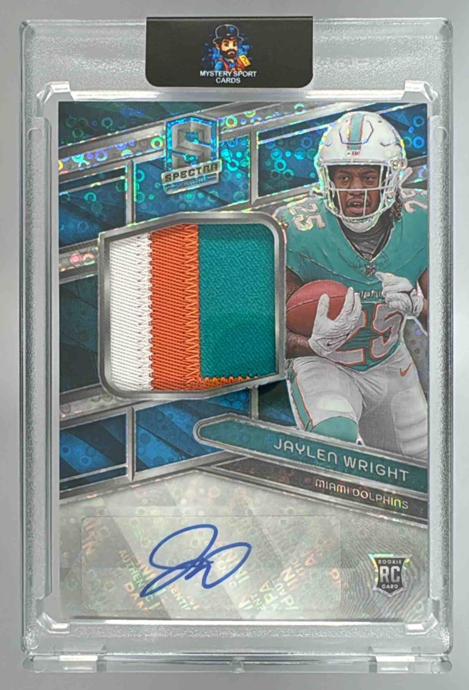 Card image for 2024 Panini Spectra Jaylen Wright Rookie Patch Auto Blue Neon /50 #232 RC Dolphins