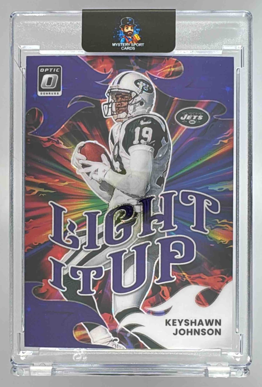 Card image for 2025 Panini Donruss Optic Keyshawn Johnson Light It Up Purple Stars Prizm /25 #20 Jets