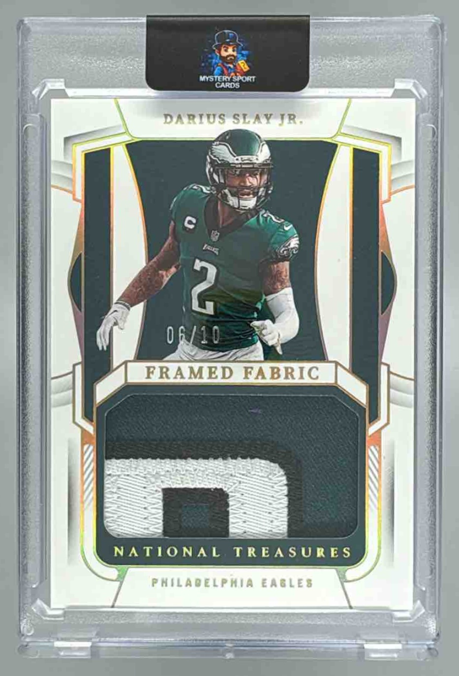 Card image for 2022 Panini National Treasures Darius Slay Jr. Framed Fabric Holo Gold /10 #FFA-DSL MEM Eagles
