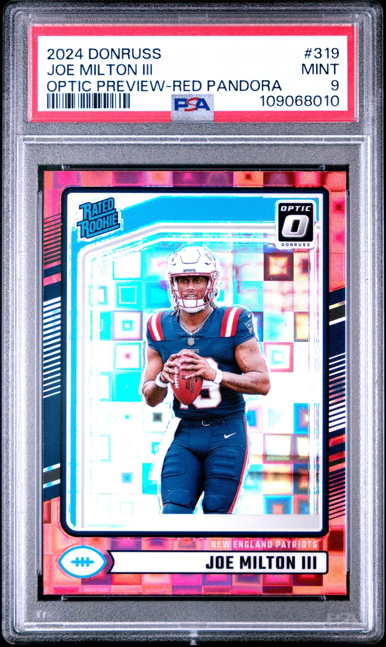 Card image for 2024 Panini Donruss Joe Milton III Optic Rated Rookie Preview Green Pandora /25 #319 Patriots