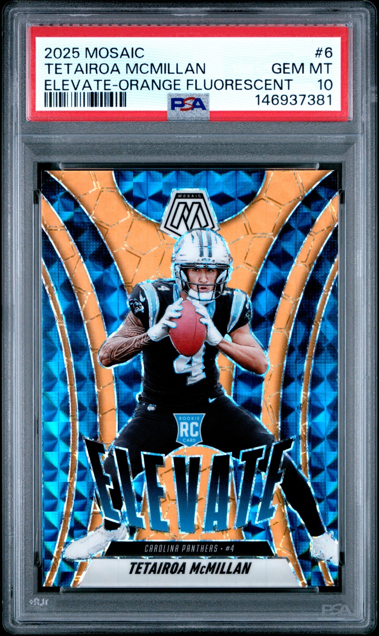 Card image for 2025 Panini Mosaic Tetairoa McMillan Elevate Orange Fluorescent Prizm #6 RC Panthers