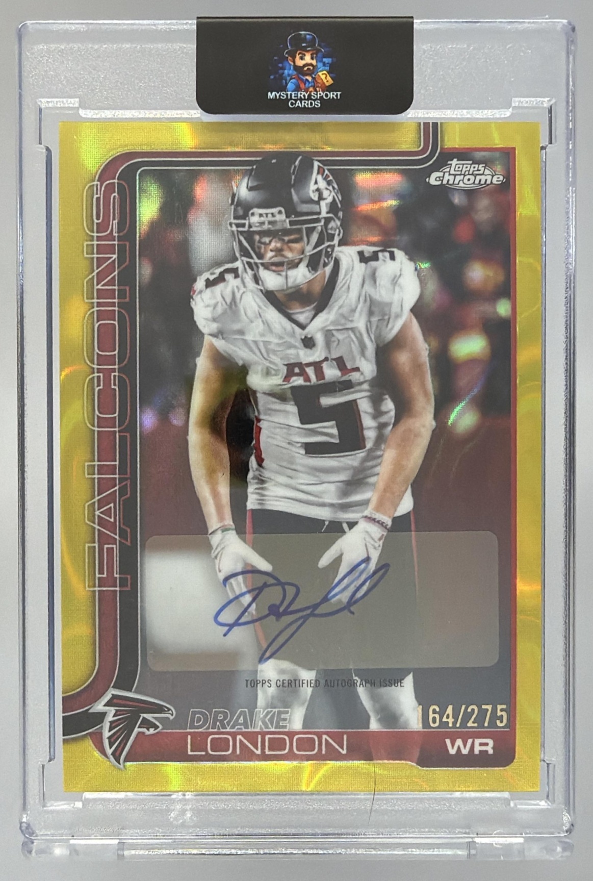 Card image for 2025 Topps Chrome Drake London Auto Yellow Lava Refractor /275 #BA-DL Falcons