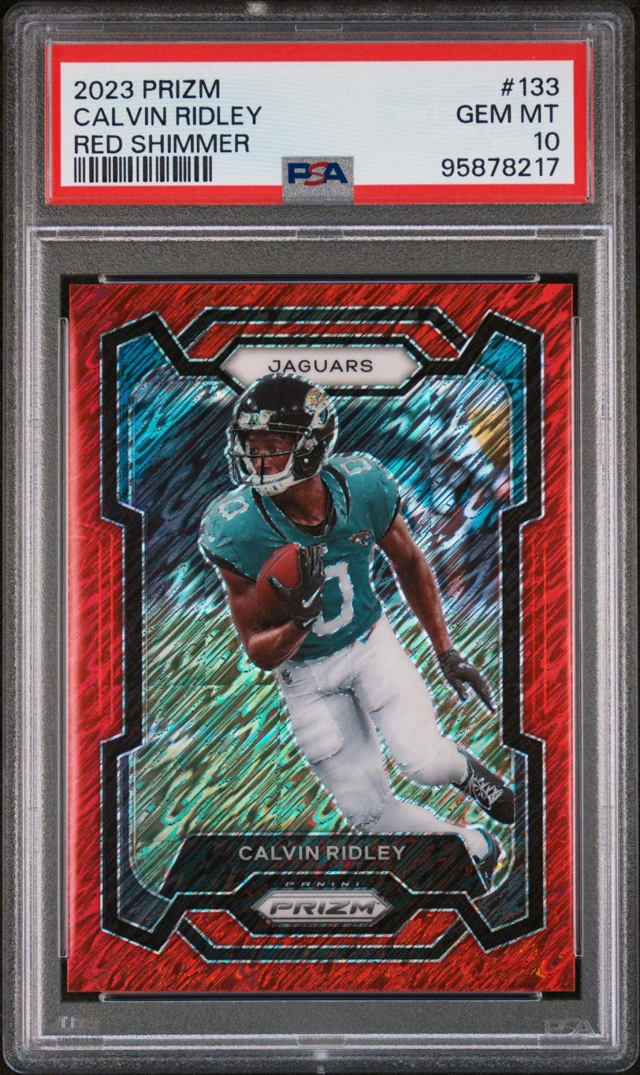 Card image for 2023 Panini Prizm Calvin Ridley Red Shimmer /35 #133 Jaguars