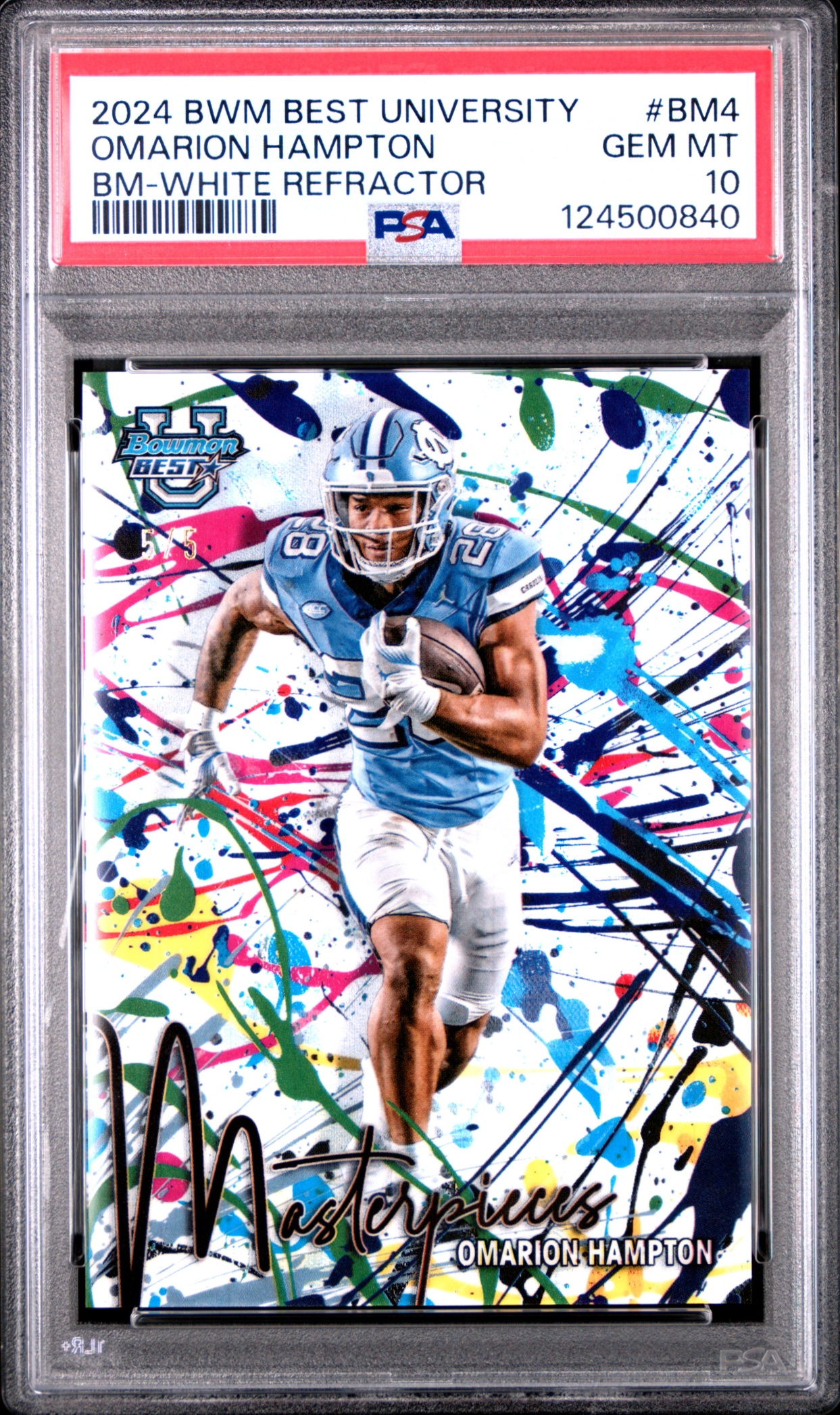 Card image for 2024 Bowman Best University Omarion Hampton Masterpieces White Refractor /5 #BM-4 Tar Heels PSA 10