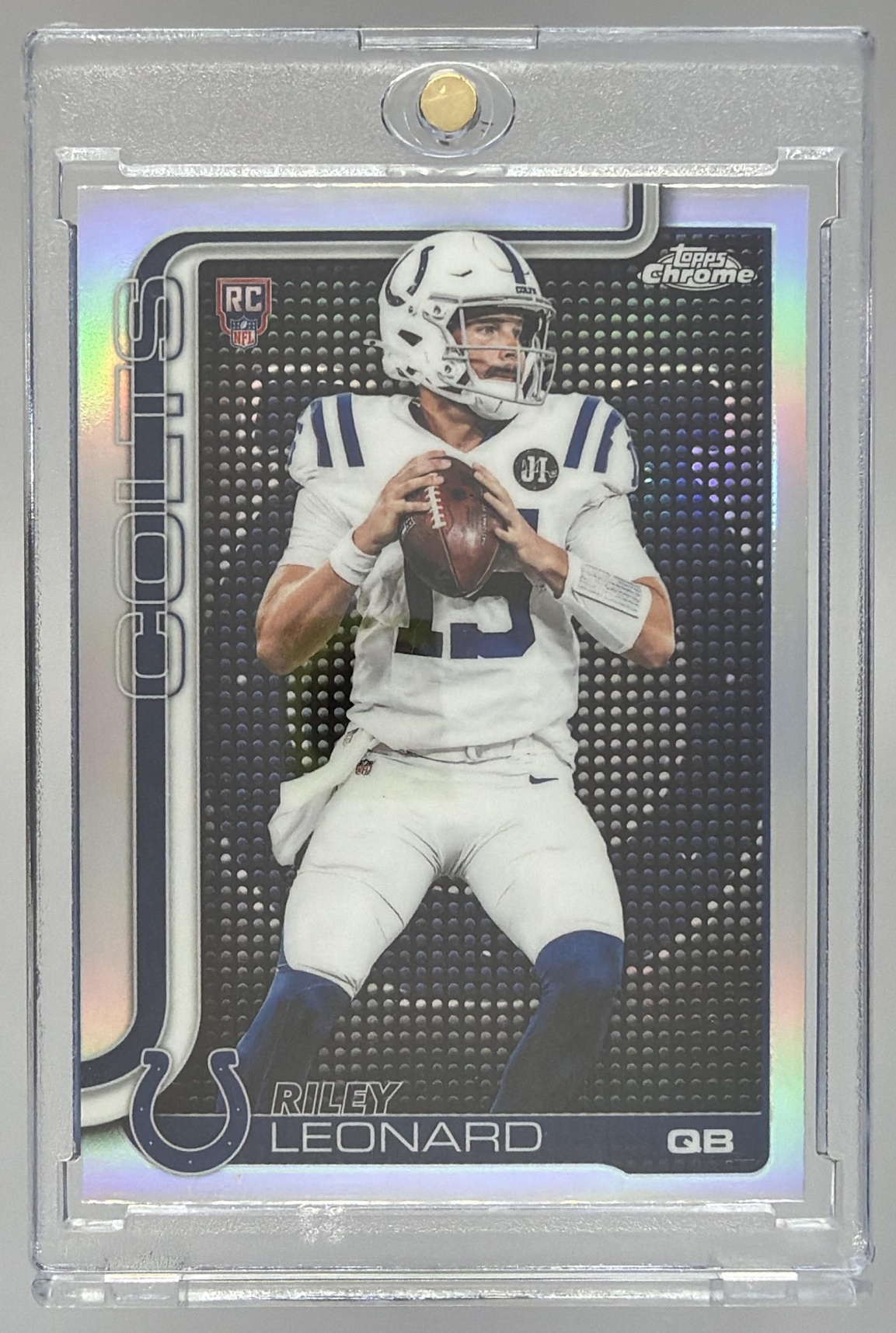 Card image for 2025 Topps Chrome Riley Leonard Lightboard Logo Variation #318 RC Colts