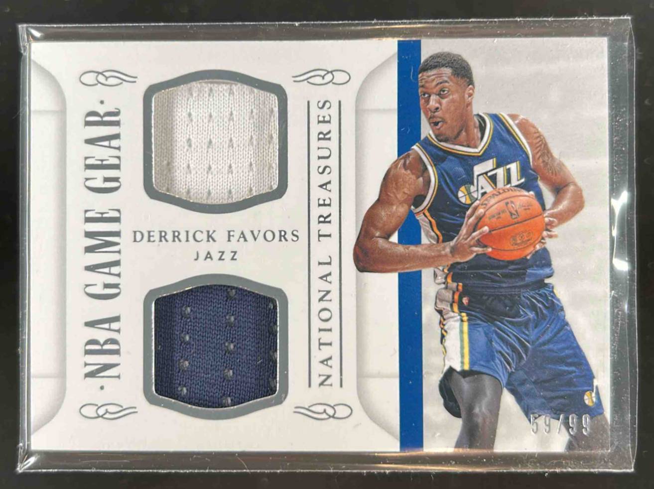 Card image for 2014-15 Panini National Treasures Derrick Favors NBA Game Gear Duals 59 /99 #GGD-DF MEM