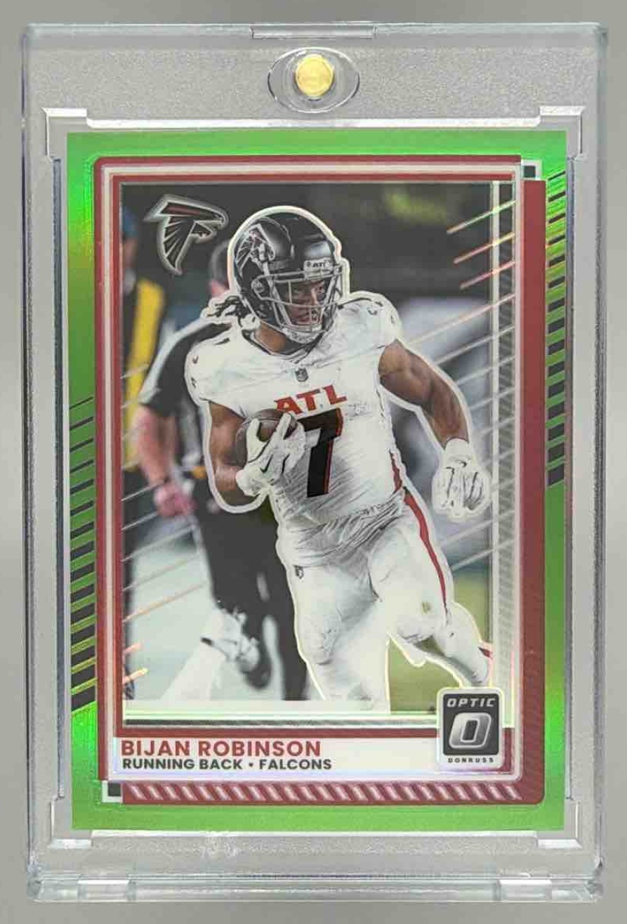 Card image for 2025 Panini Donruss Optic Bijan Robinson Lime Green Prizm /50 #118 Falcons