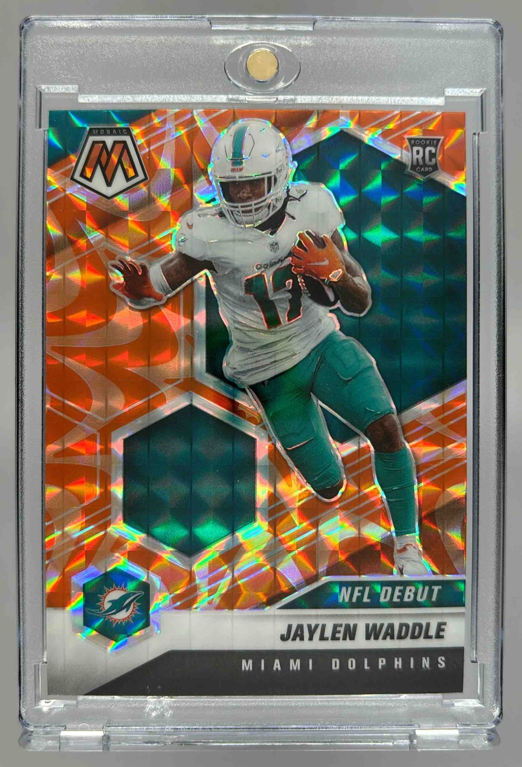 Card image for 2021 Panini Mosaic Jaylen Waddle Prizm Reactive Orange #248 RC Dolphins