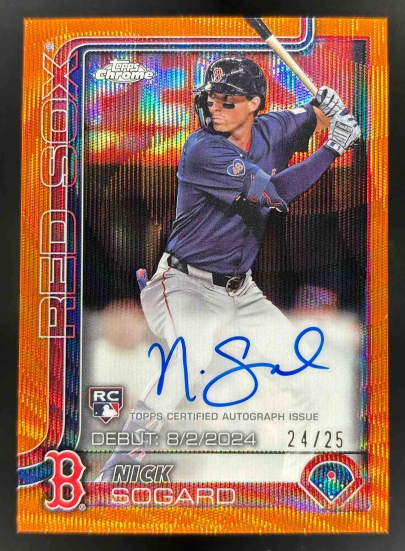 Card image for 2025 Topps Chrome Update Nick Sogard Rookie Debut Auto Orange Wave Refractor /25