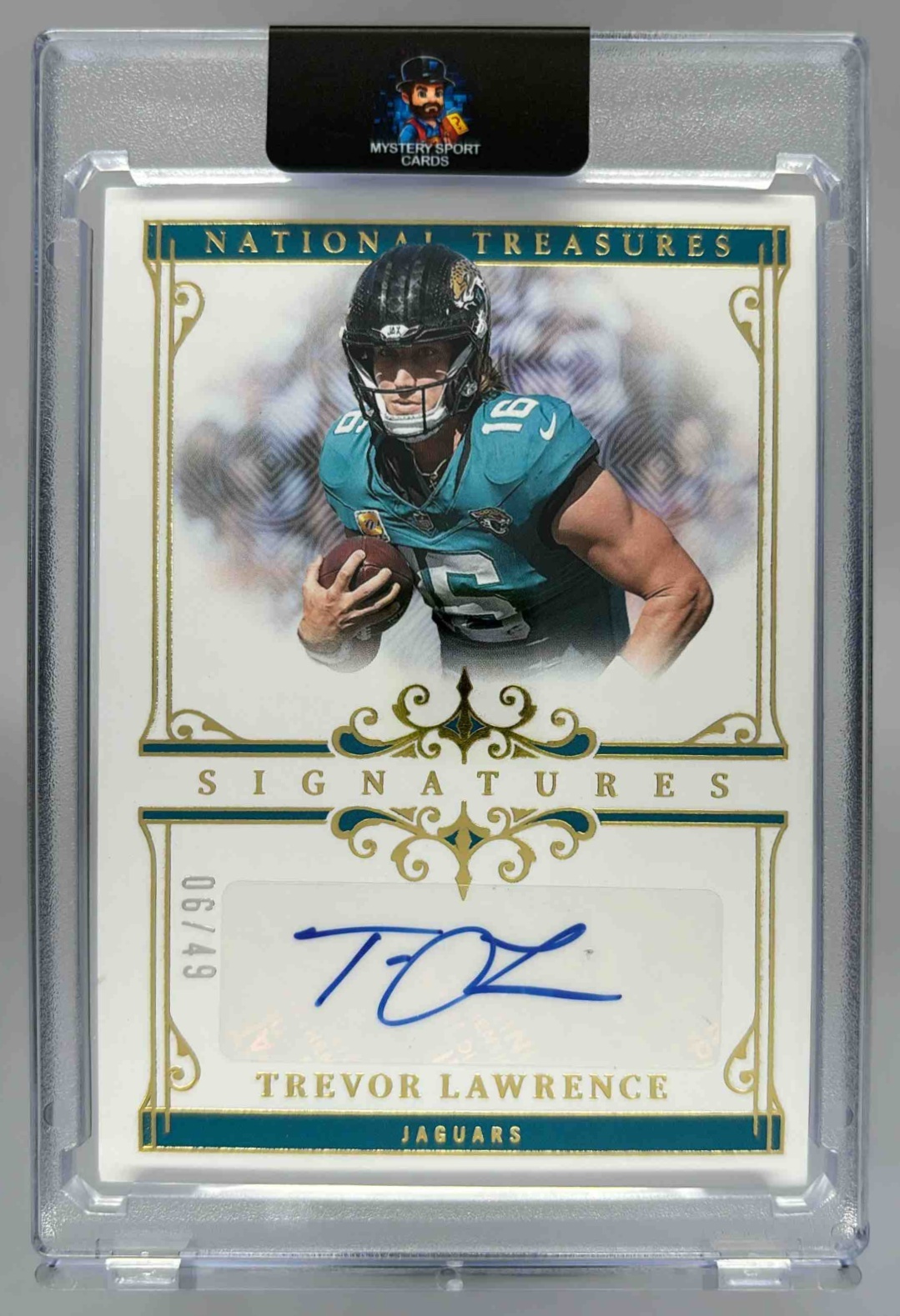 Card image for 2025 Panini National Treasures Trevor Lawrence Signatures Gold /49 #SIG-TLE Auto Jaguars