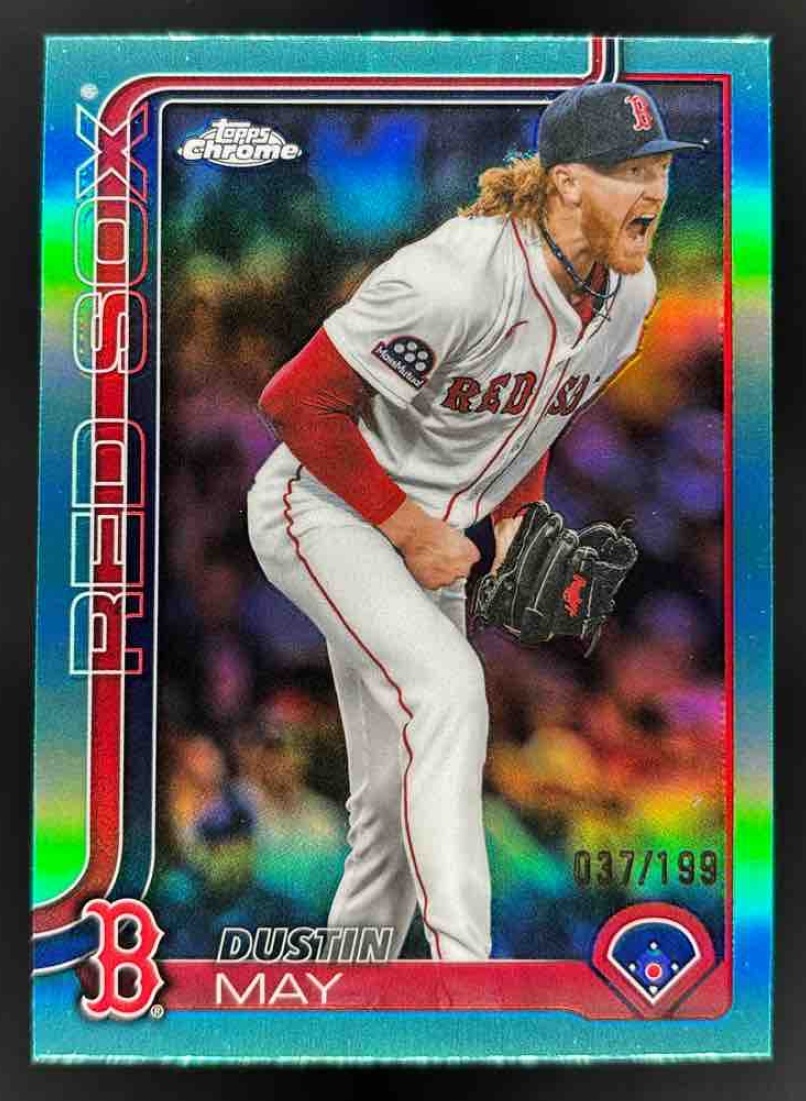Card image for 2025 Topps Chrome Update Dustin May Aqua Refractor /199 #USC167 Red Sox