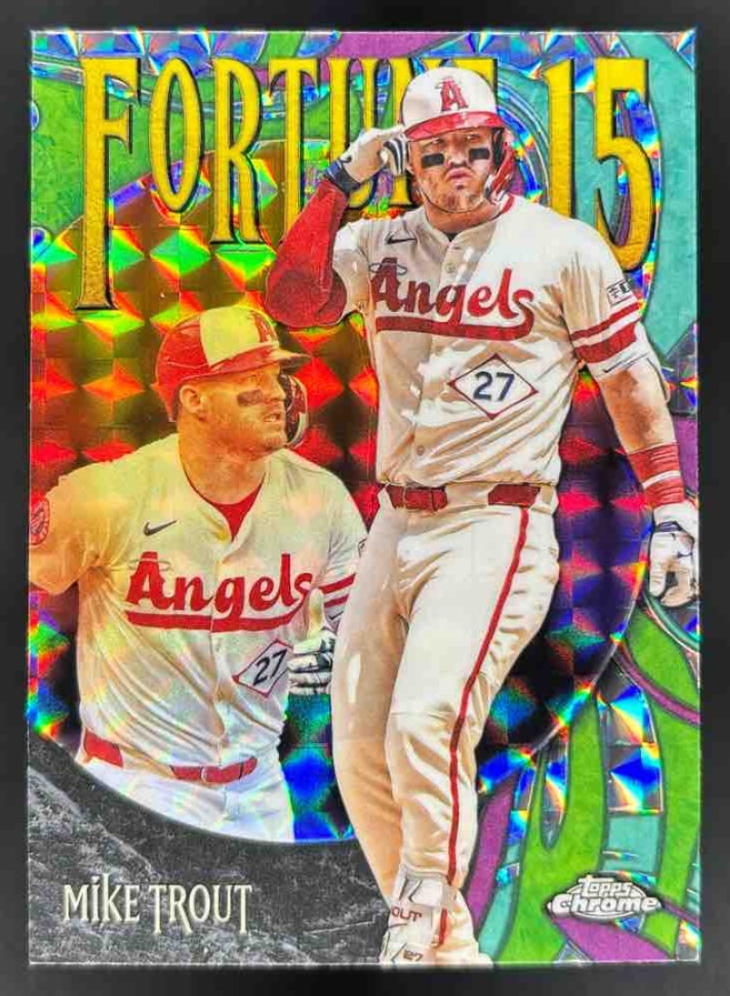 Card image for 2025 Topps Chrome Update Mike Trout Fortune 15 Geometric Refractor #F15-3 Angels