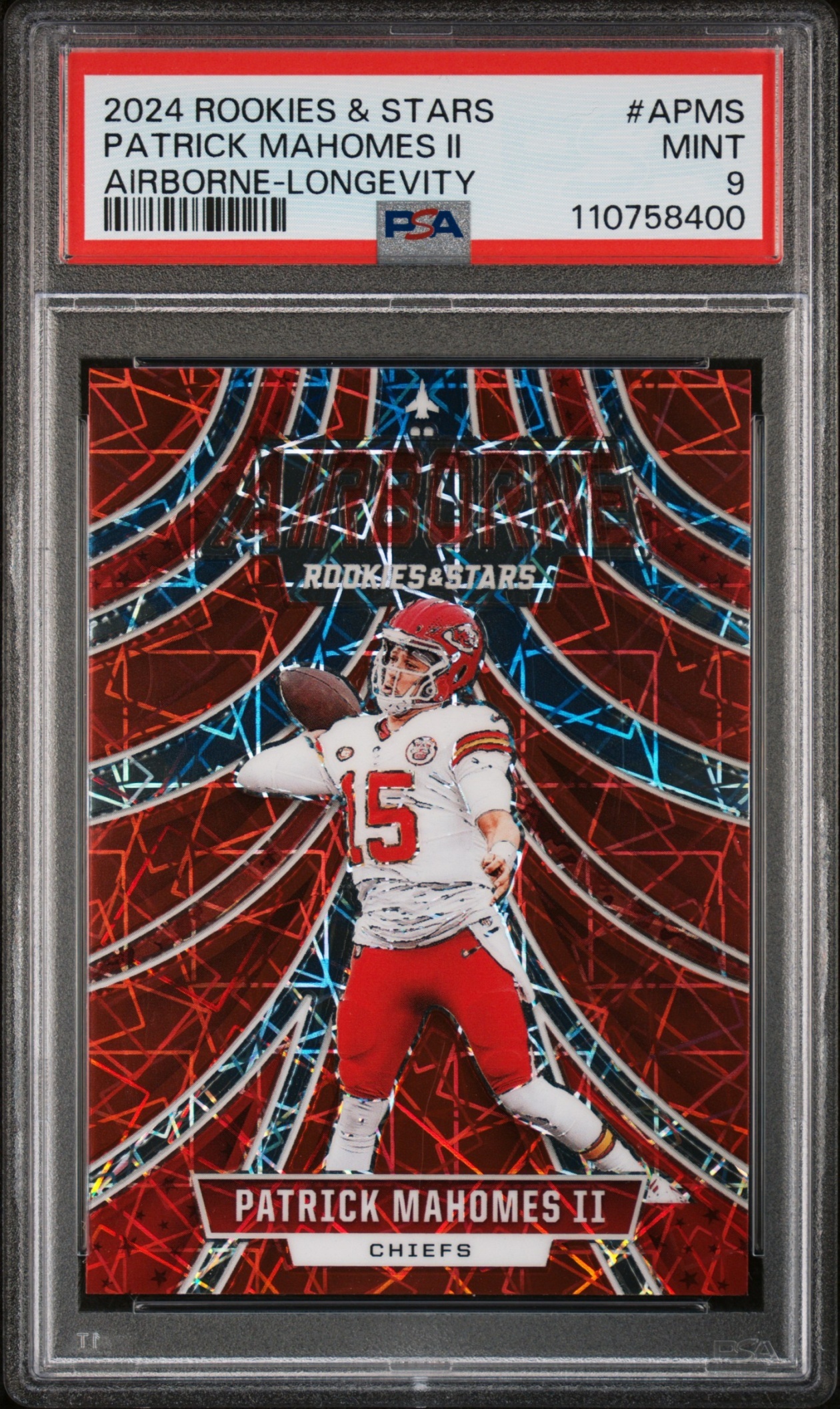 Card image for 2024 Panini Rookies & Stars Patrick Mahomes II Airborne Longevity Red Laser #A-PMS Chiefs