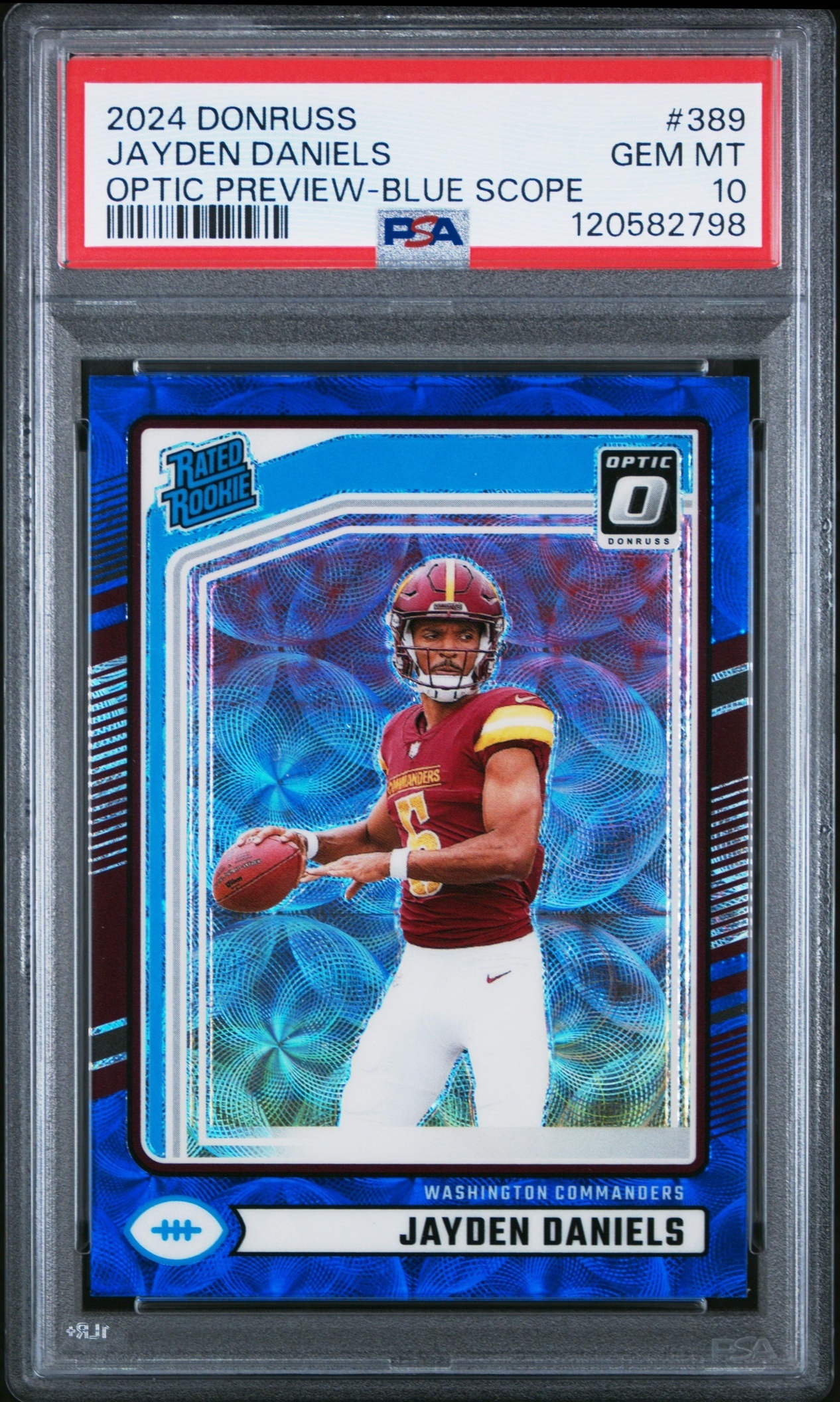 Card image for 2024 Panini Donruss Jayden Daniels Optic Rated Rookie Preview Blue Scope #389 Commanders