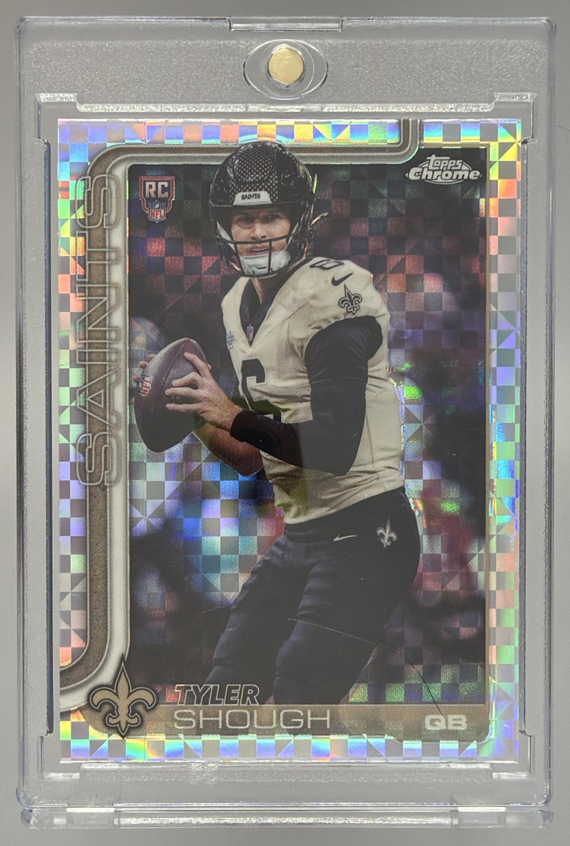 Card image for 2025 Topps Chrome Tyler Shough Rookie Lime Green X-Fractor #398 RC Saints