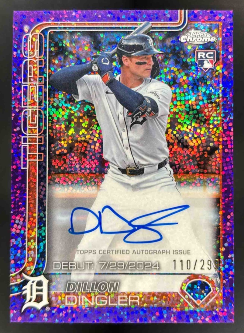 Card image for 2025 Topps Chrome Update Dillon Dingler Debut Auto Purple Speckle Refractor /299
