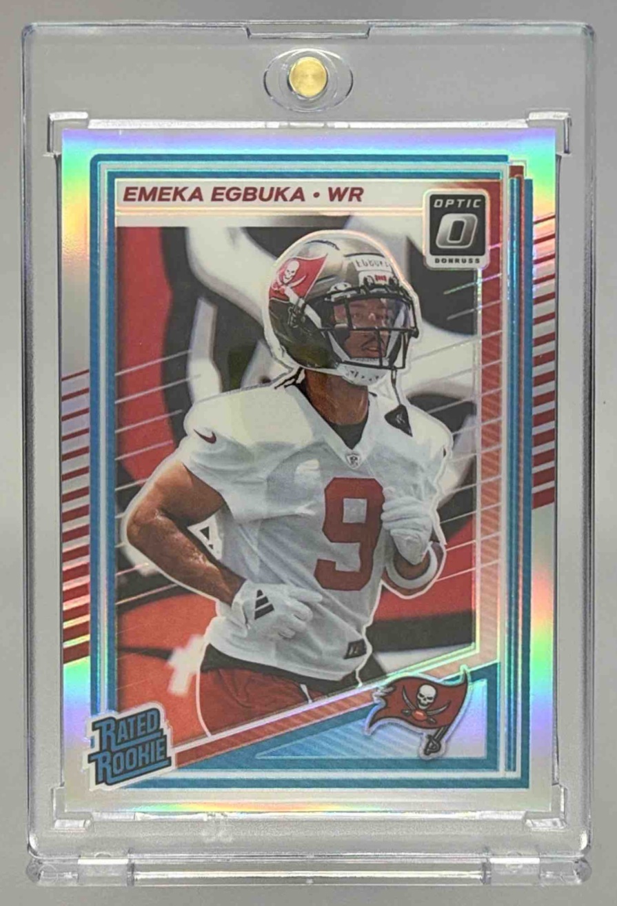 Card image for 2025 Panini Donruss Optic Emeka Egbuka Rated Rookie Purple Shock Prizm #265 Buccaneers