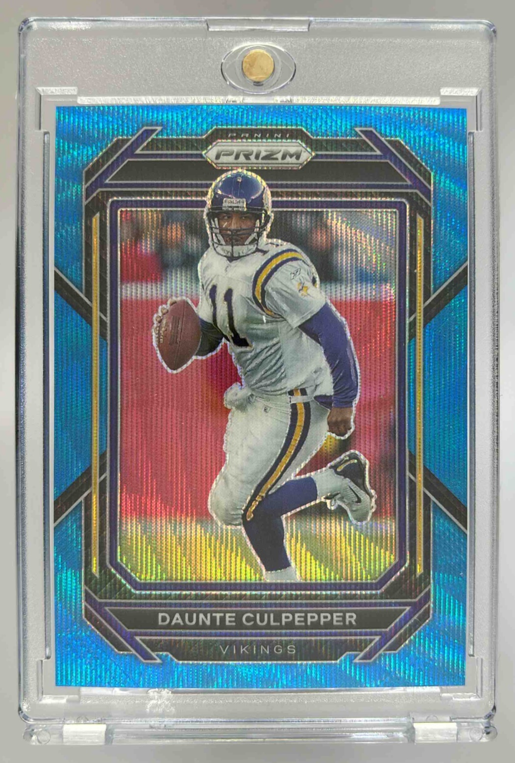 Card image for 2022 Panini Prizm Daunte Culpepper Blue Wave /199 #195 Vikings