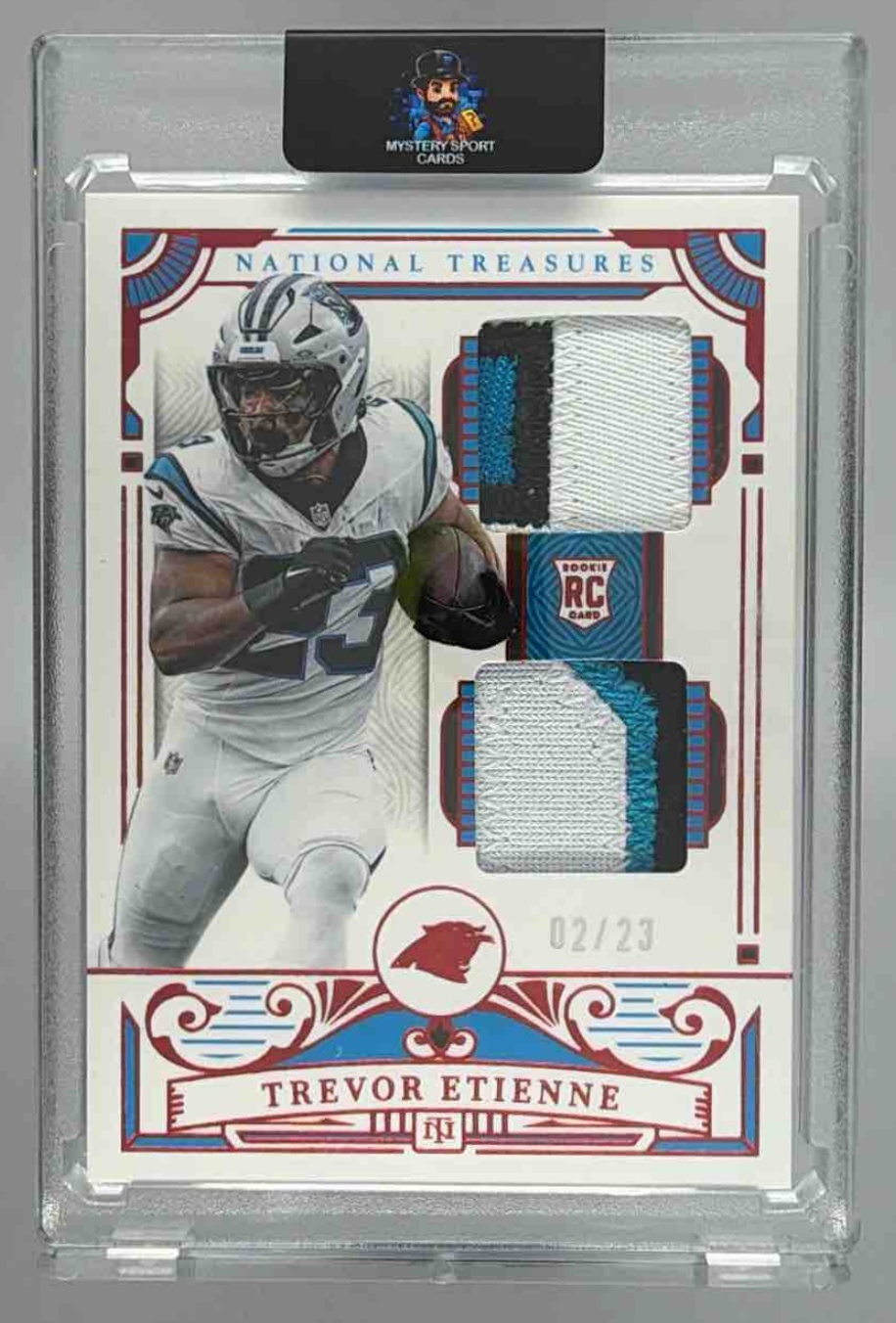 Card image for 2025 Panini National Treasures Trevor Etienne Rookie Dual Materials Jersey Number Red /23 #39 MEM RC Panthers